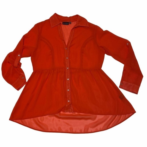ULTRA Flirt Solid Red Button Down Babydoll Blouse - Picture 5 of 13